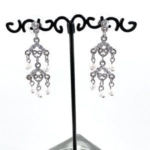 Up-Cycled - Faux Pearl Jeweled Heart Accented Silver Tone Chandelier Earrings